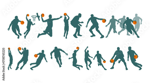 Basketball Player Silhouettes with Ball Illustration