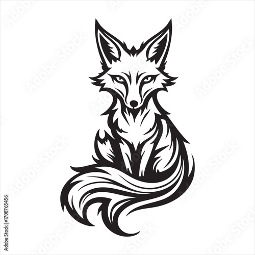 A striking black and white illustration of a fox sitting upright, its bushy tail curled around it. The fox has sharp features and intense eyes