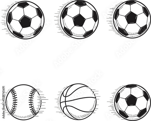 Dynamic illustration of five soccer balls with fiery flames trailing behind them creating a sense of speed and intense action on a white background