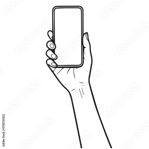 Minimalist vector art of a raised hand holding a cellphone, designed in black and white with bold black outlines defining form and focus.