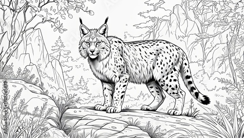 Lynx standing on a rock in a forested landscape, surrounded by trees and mountain scenery, during daylight hours