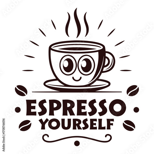 Whimsical hot coffee cup shows funny cartoon face expressing espresso yourself message isolated transparent background