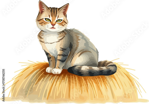 Watercolor vector illustration a cat on a haystack.