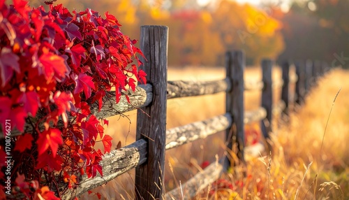 Vibrant crimson ivy on a rustic wooden fence during a scenic fall day, with a blurred field background and ample copy space