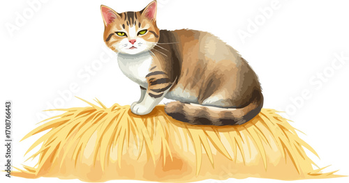 Watercolor vector illustration a cat on a haystack.