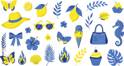 Summer-themed illustration with butterflies, lemons, fashion accessories, tropical leaves, and treats in blue and yellow for seasonal design use