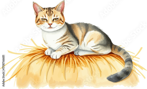 Watercolor vector illustration a cat on a haystack.