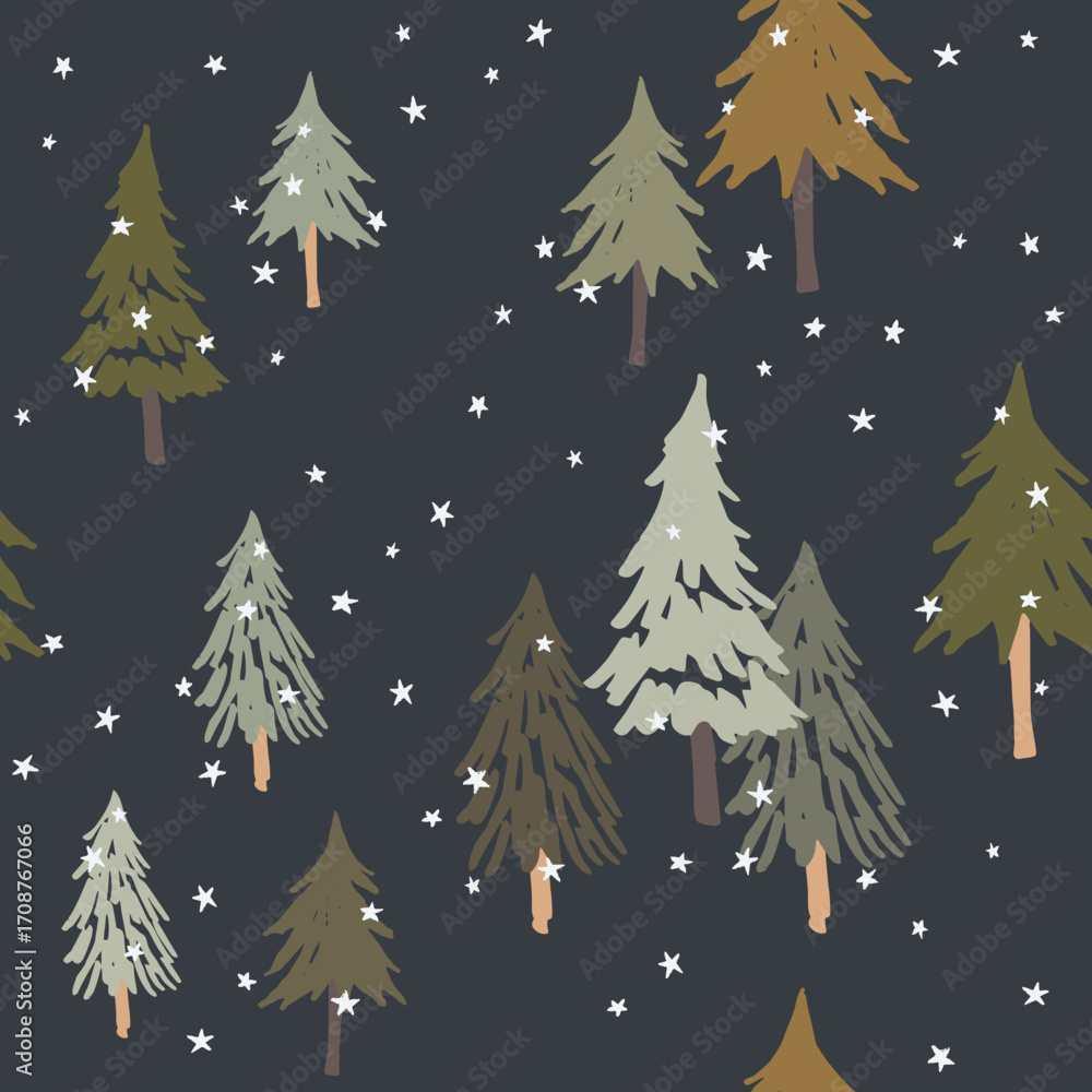 Obraz premium Christmas seamless pattern, green fir trees, white stars, black background. Vector illustration. Nature design. Season greeting. Winter holidays
