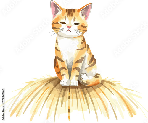 Watercolor vector illustration a cat on a haystack.