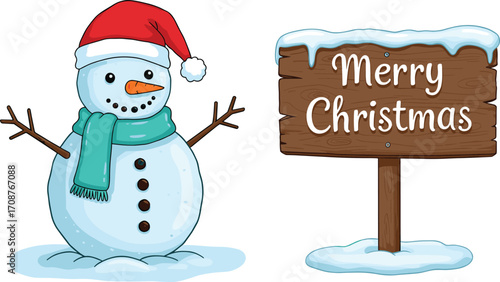 Cartoon snowman with Santa hat and scarf, Merry Christmas wooden sign, snow winter scene, holiday greeting, Christmas decoration vector art