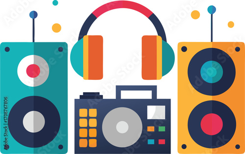 Vector dj turntables headphones boombox speakers party music illustration eps icon