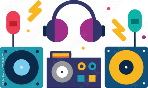Dj set turntables and headphones bundle vector illustration for music party events