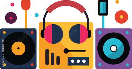 Colorful dj turntables headphones and party elements vector illustration for music events