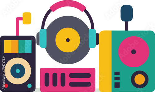 Dj turntables headphones music equipment vector illustration for party and event graphics