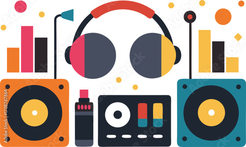 Dj music equipment bundle turntables headphones speakers party vector illustration