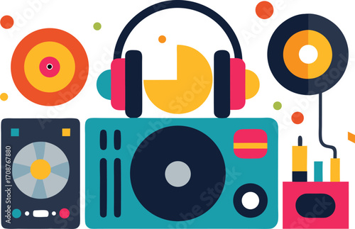 Dj turntable and headphones vector bundle for music party events scalable eps