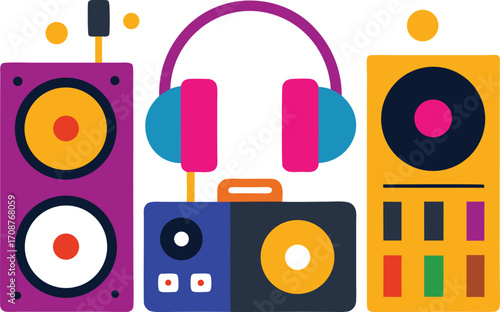 Vibrant dj turntables headphones and speakers vector illustration bundle party music elements