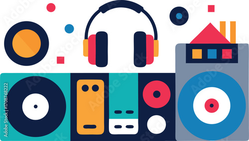 Dj equipment and party elements vector illustration turntables headphones music gear