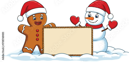 Cute Christmas snowman and gingerbread man cartoon, wearing Santa hats, holding blank signboard, winter snow background, holiday greeting, festive illustration