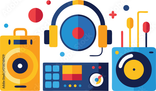 Dj and party elements bundle vector illustration turntables headphones speaker mixer and records