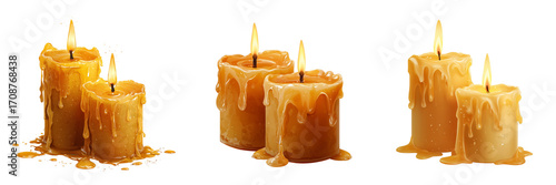 Set of A single burning candle with a soft flame on transparent png background. Ai generated