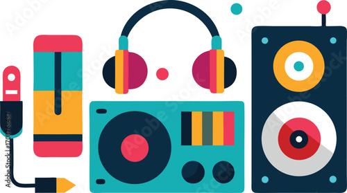Vibrant dj party elements bundle turntables headphones speaker and mic vector illustration