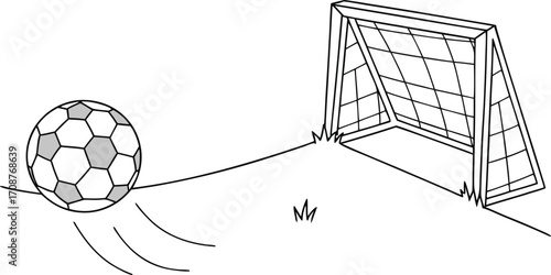 soccer ball rolling towards goal, black and white clip art preview