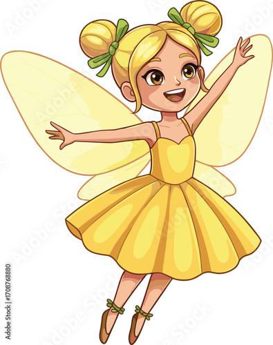 Cute flying fairy girl in yellow dress with wings, magical fantasy character, happy child illustration, whimsical kids vector art for children’s stories