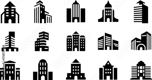 Architectural Ensemble: A collection of modern and classic building silhouettes, a blend of urban and historic architecture. Showcasing design and infrastructure diversity.