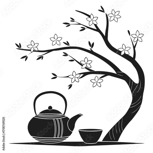 A minimalist black and white illustration of a traditional japanese tea ceremony scene featuring a teapot and cup beneath a blooming cherry blossom tree