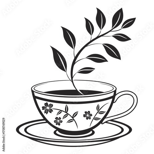 A stylized black and white illustration of a teacup and saucer with a growing plant emerging from the tea symbolizing growth and refreshment
