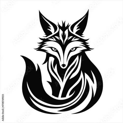 A striking black and white graphic illustration of a fox with sharp lines and tribal-like patterns, featuring a bushy tail
