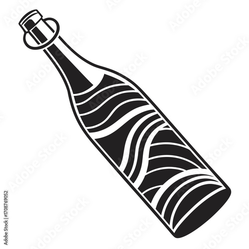Stylized black and white illustration of a champagne bottle with a wire cage and cork featuring wavy lines on the bottle body isolated on a white background
