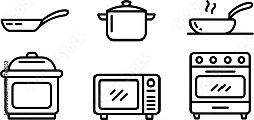 Culinary Essentials: A line art arrangement of kitchen equipment, including frying pan, stockpot, oven and microwave, capturing the essence of cooking tools.