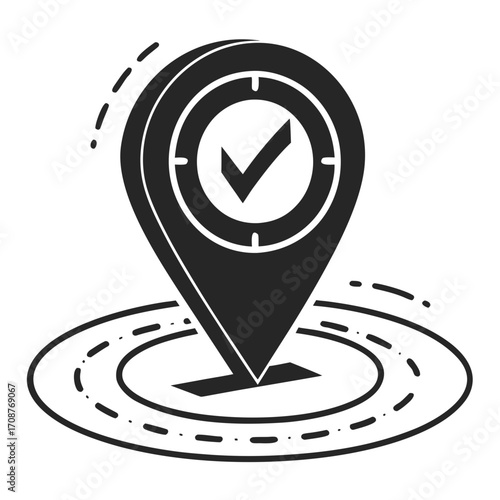 A black and white icon representing a location marker with a checkmark inside a circle indicating a confirmed destination or successful navigation