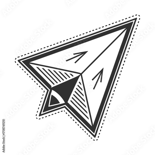 Stylized paper airplane with arrows indicating forward motion and a dashed outline representing travel communication and sending messages