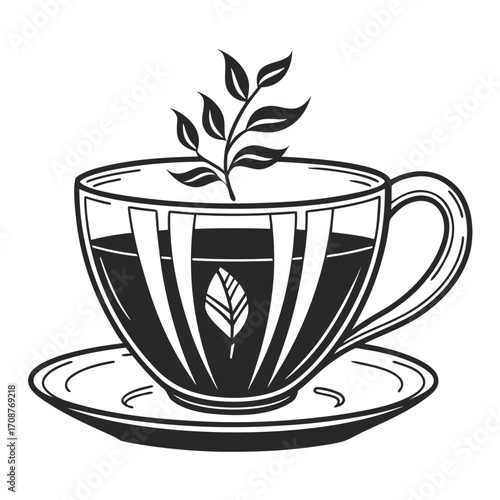 A stylized black and white illustration of a clear glass teacup filled with dark tea and a sprig of tea leaves emerging from the top resting on a matching saucer