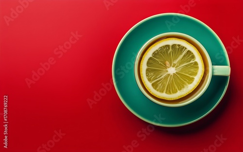 Enjoying Warm Tea With Lemon on a Vibrant Red Background During a Relaxing Mo...