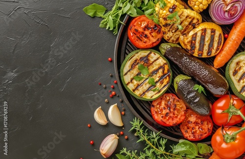 Grilled Vegetables Prepared on a Black Grill Plate With Fresh Herbs and Spices.
