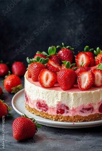 Delicious Strawberry Cheesecake Topped With Fresh Strawberries on a Dark Back...