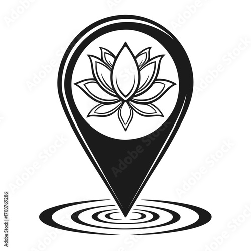 A stylized black and white graphic design featuring a lotus flower inside a location pin icon symbolizing a peaceful destination or a place of tranquility
