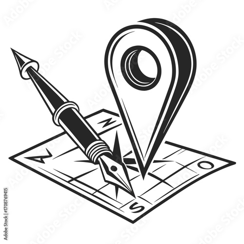A stylized black and white illustration featuring a fountain pen resting on a compass rose and map grid with a prominent location pin icon