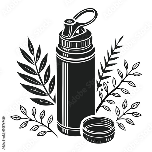 Stylized black and white illustration of a reusable water bottle with a loop cap and its unscrewed lid surrounded by decorative botanical branches and leaves on a white background