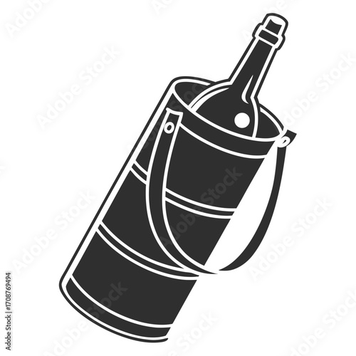 A simple black and white graphic illustration of a bottle of wine chilling in an ice bucket with a handle isolated on a white background
