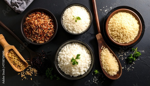 Different types of rice in bowls