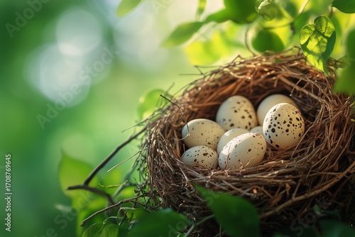 Nest With Speckled Eggs in a Vibrant Green Background During Springtime.