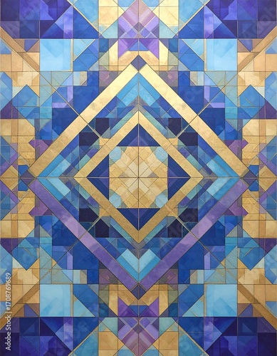 Abstract geometric pattern of interlocking squares and triangles in shades of blue, gold, and purple