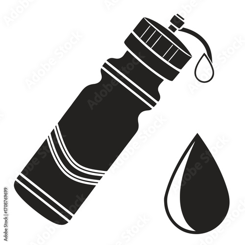 Black silhouette of a sports water bottle with a drop of water falling from its spout and another drop nearby symbolizing hydration and refreshment