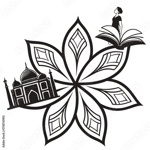 A symbolic illustration of a woman reading a book and the taj mahal integrated into a lotus flower design representing knowledge travel and indian culture