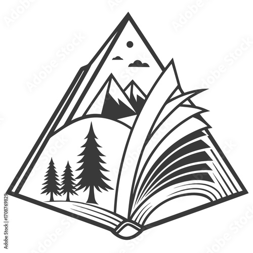 An open book transforms into a mountain landscape with evergreen trees and a sunlit sky symbolizing the power of imagination and adventure through reading